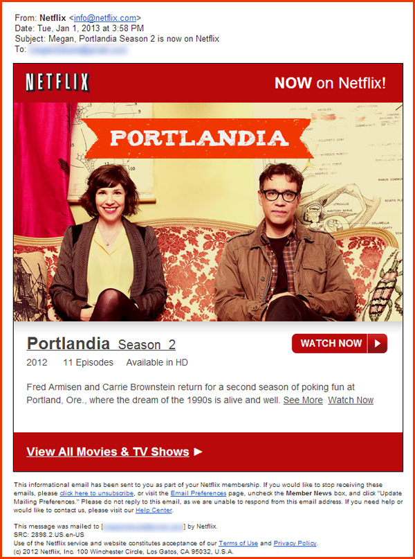 Portlandia, IFC, email marketing, email, Netflix, service, reminder, engagement