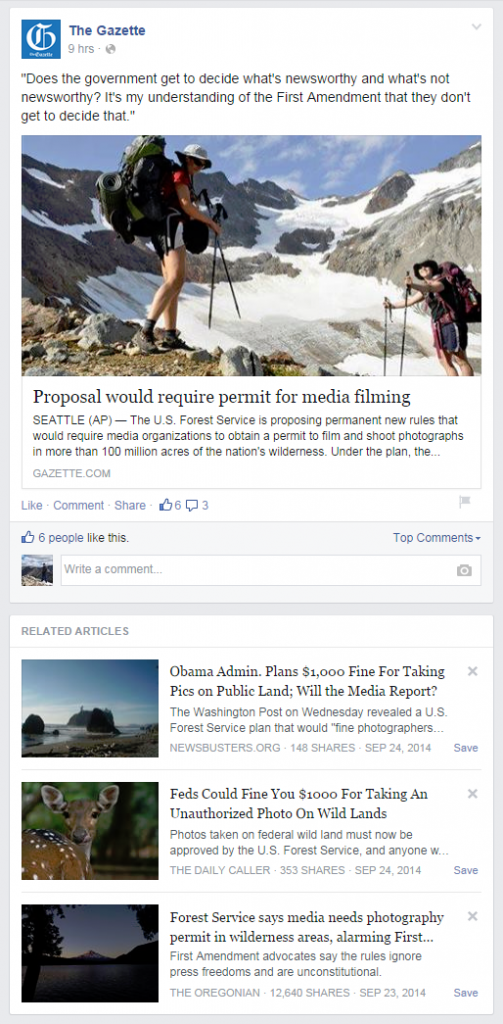 Gazette, Colorado Springs, news story, Facebook, news feed, wilderness, permit, shooting, media, filming