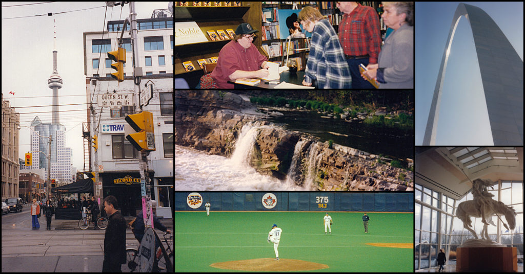 Tourist scenes in Toronto, Saint Louis, Oklahoma City, and a Barnes & Noble bookstore.